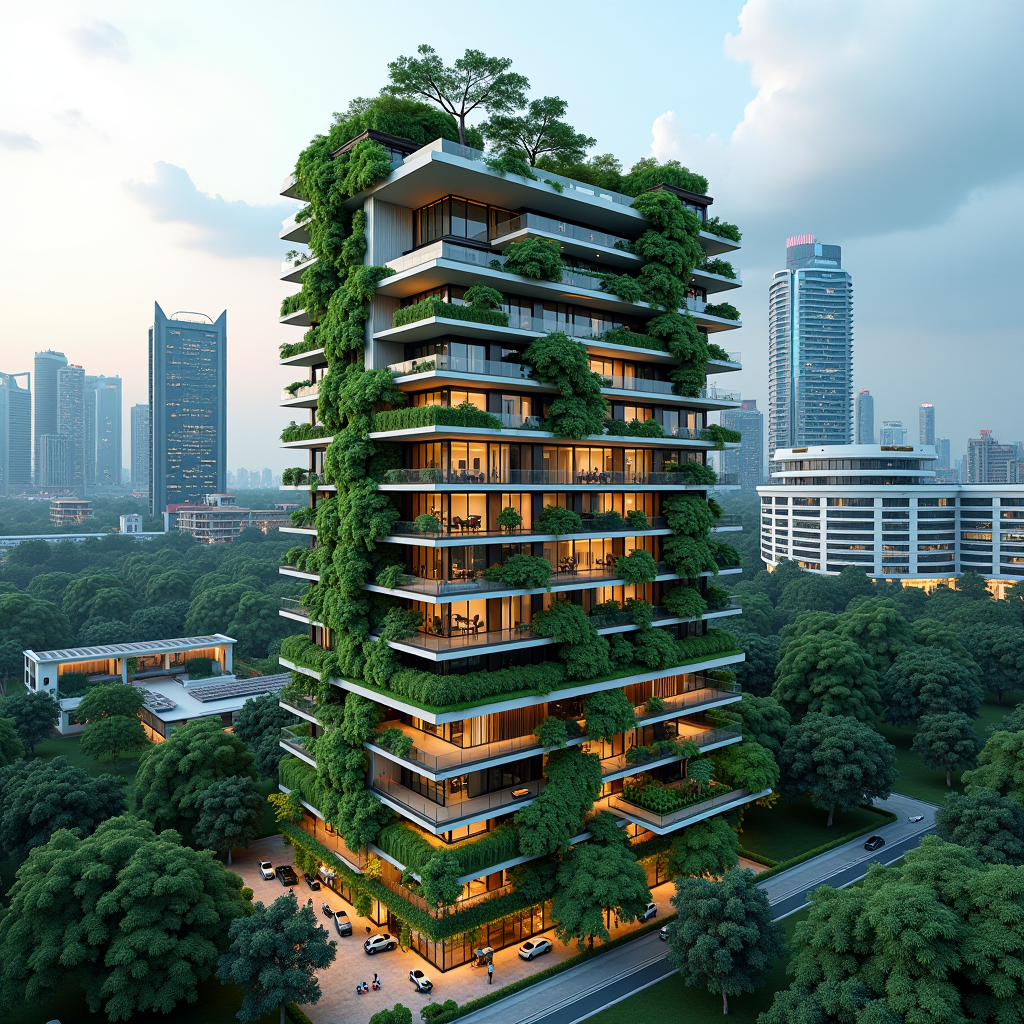 Modern sustainable building in Singapore featuring extensive vertical gardens, solar panels integrated into the facade, and innovative green architecture design with lush rooftop gardens visible against the city skyline