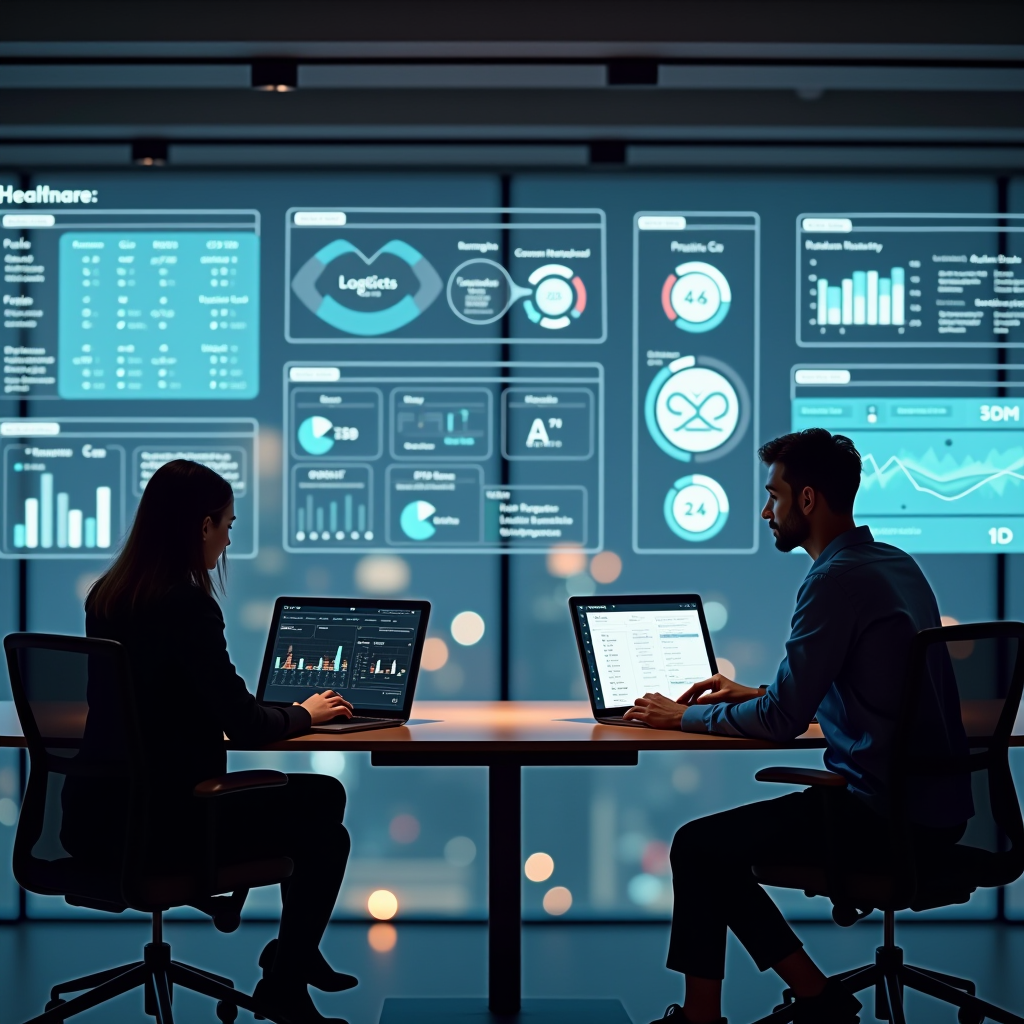 Modern office space in Singapore with young tech entrepreneurs working on laptops and digital displays showing healthcare and logistics dashboards