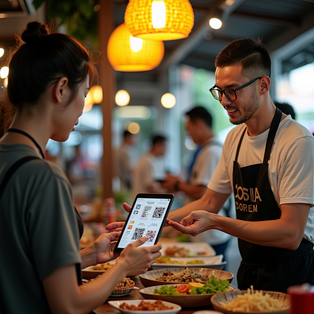 Traditional Singapore hawker center stall with vendor using tablet for digital orders while customers scan QR code menu, blending heritage food culture with modern technology