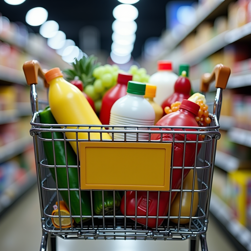 Close-up view of shopping cart filled with various groceries and household essentials, price tags clearly visible on products, natural supermarket lighting