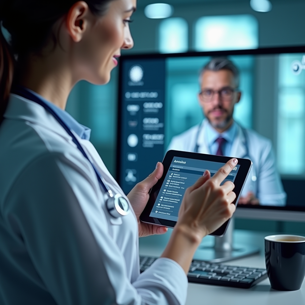 Healthcare professional using tablet device showing telemedicine interface with patient video call and medical data displays