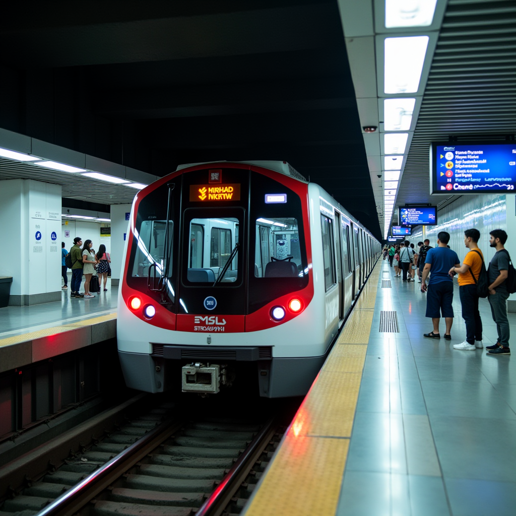 Modern MRT train arriving at a sleek underground station platform with digital displays showing route information and commuters waiting, showcasing Singapore's advanced public transportation infrastructure