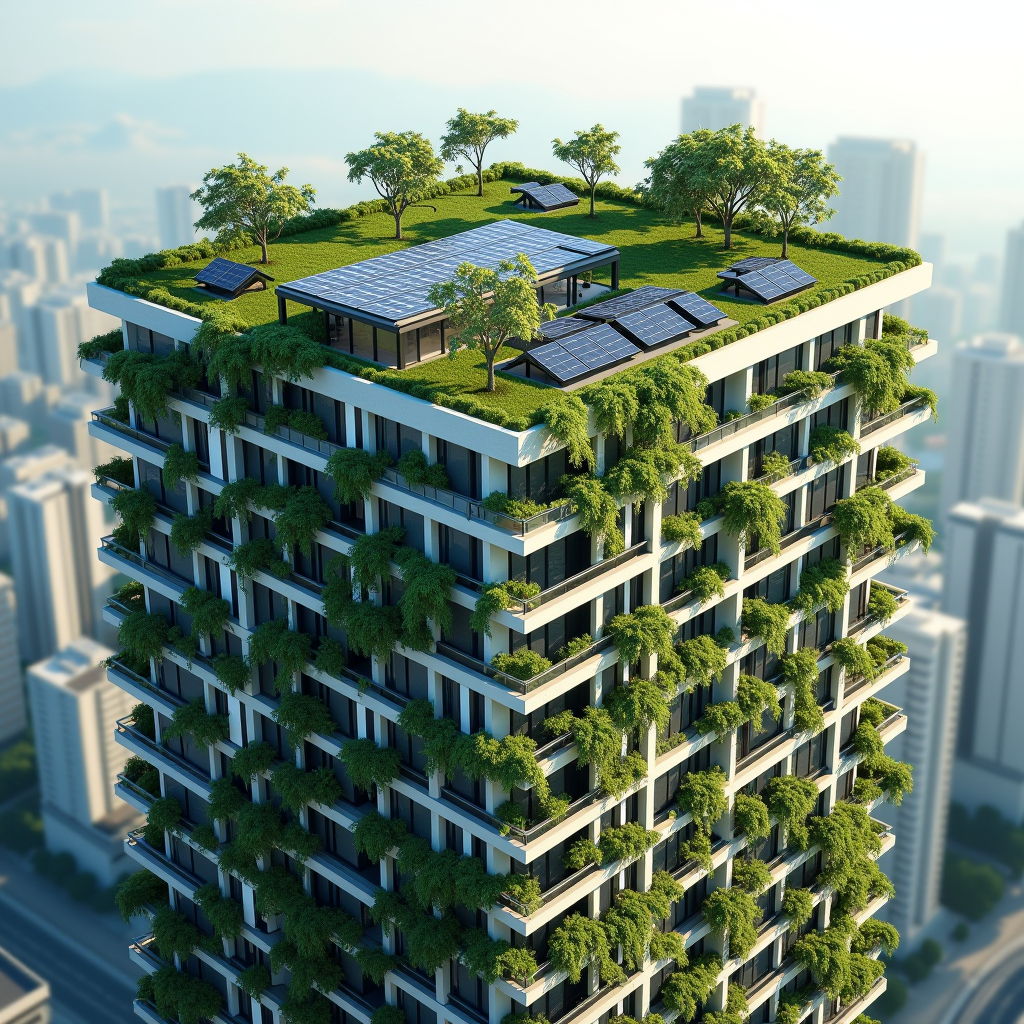 Modern sustainable building in Singapore with extensive rooftop garden, solar panels, and vertical greenery cascading down the facade, representing eco-friendly urban architecture