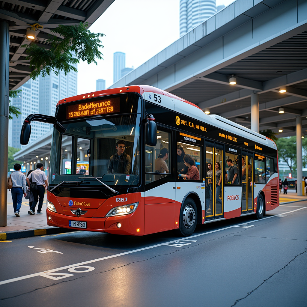 Contemporary public bus in Singapore's distinctive livery parked at a modern bus interchange, featuring low-floor design for accessibility, digital destination displays, and passengers boarding through wide doors, with covered waiting areas and real-time information screens visible in the background