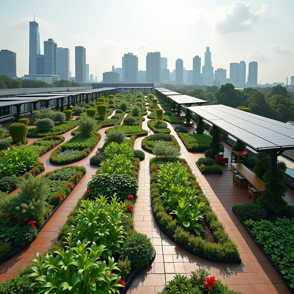 Expansive rooftop garden in Singapore featuring organized vegetable plots, flowering plants, walking paths, seating areas, and solar panels integrated into pergola structures, with city skyline visible in background
