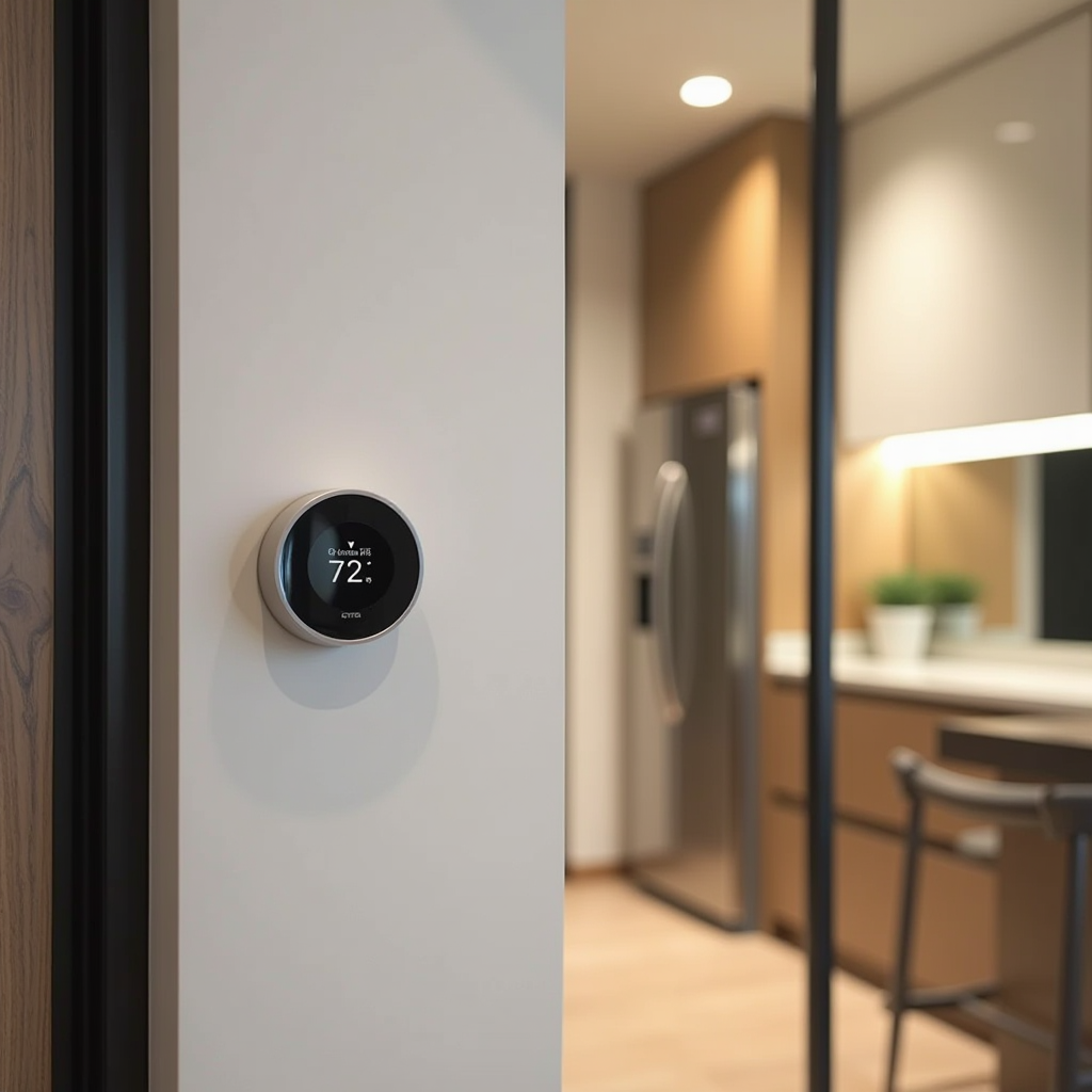 Modern Singapore HDB apartment interior featuring energy-efficient appliances, LED lighting fixtures, and smart thermostat on wall, clean contemporary design