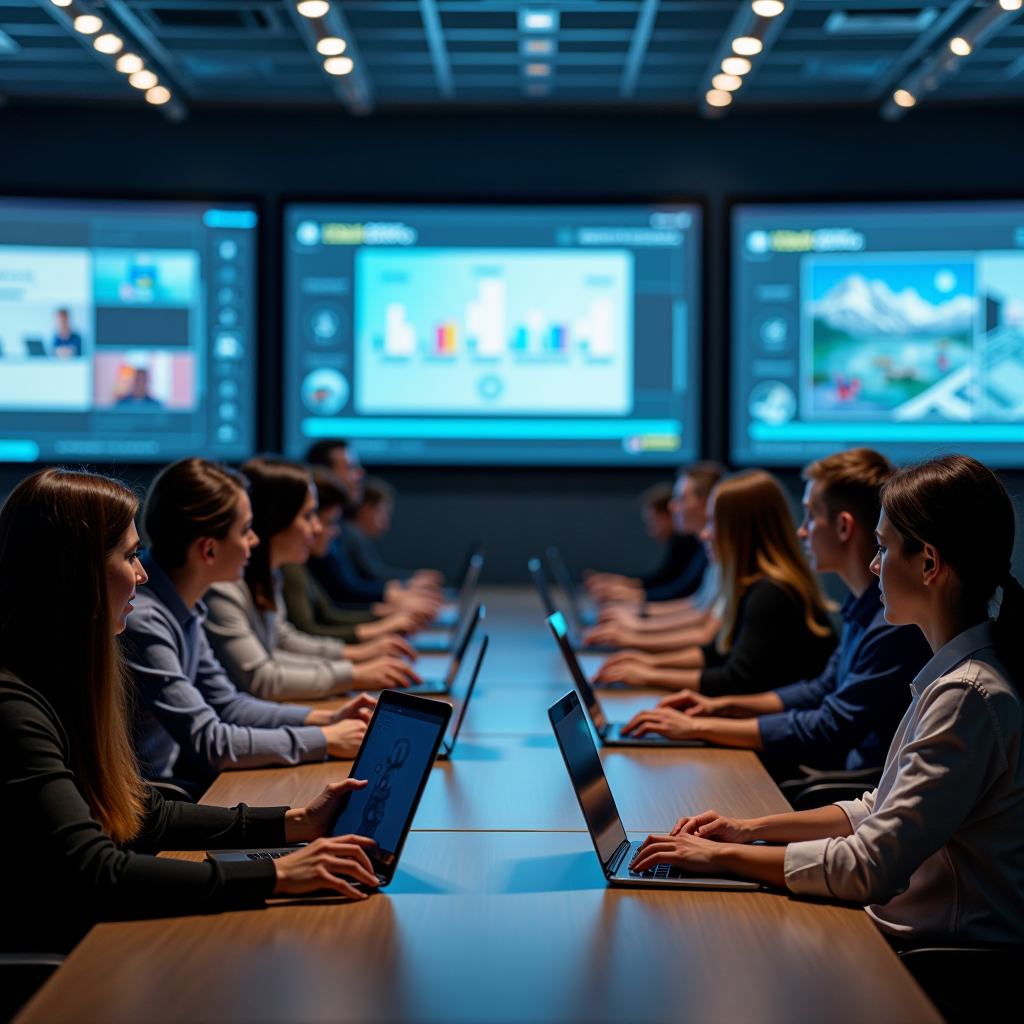 Students using laptops and tablets in modern classroom with interactive digital learning platform displayed on screens