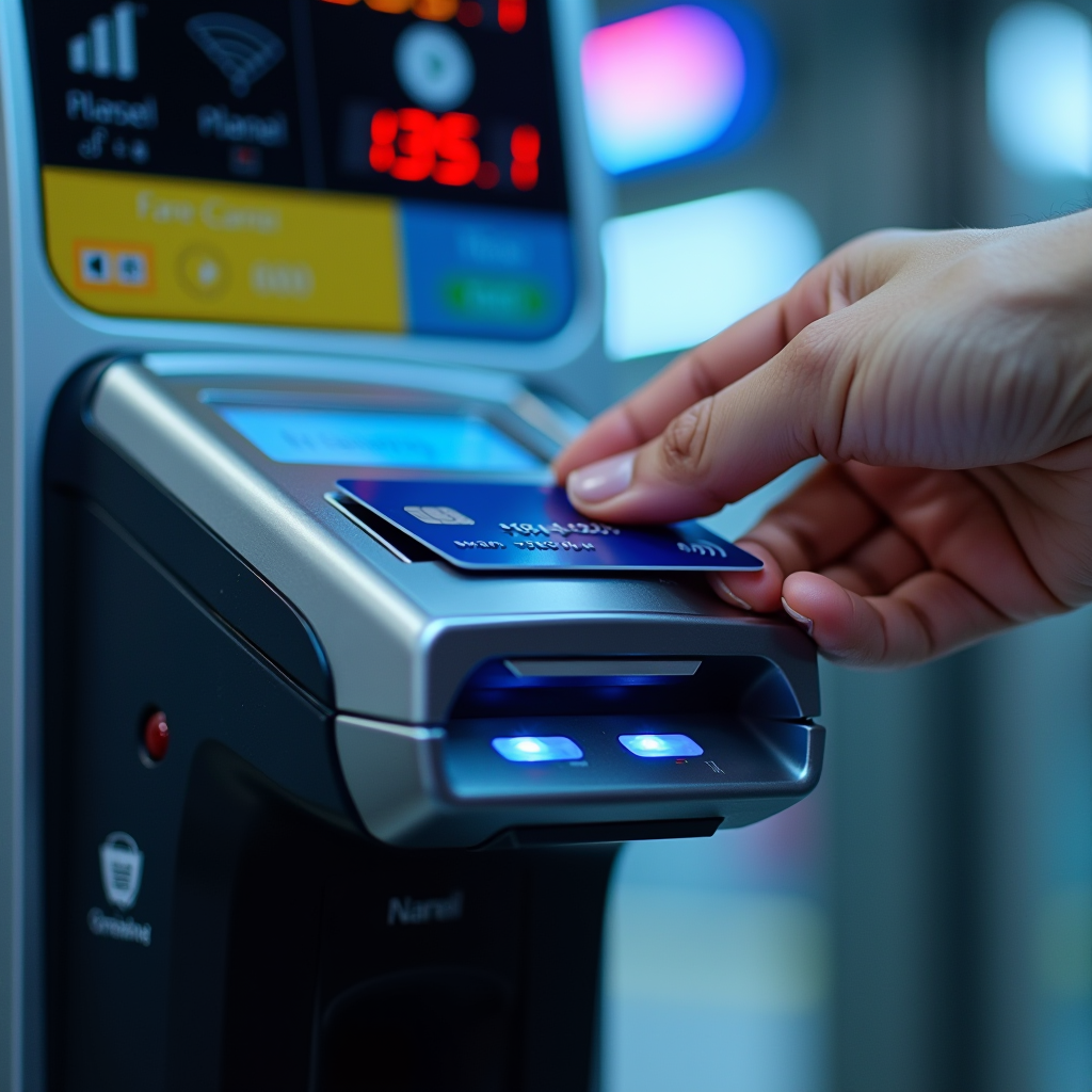 Close-up of a modern contactless payment card reader at an MRT gantry, showing a hand tapping a credit card on the reader, with LED indicators displaying successful payment, digital screen showing fare information, and sleek contemporary design in silver and blue colors