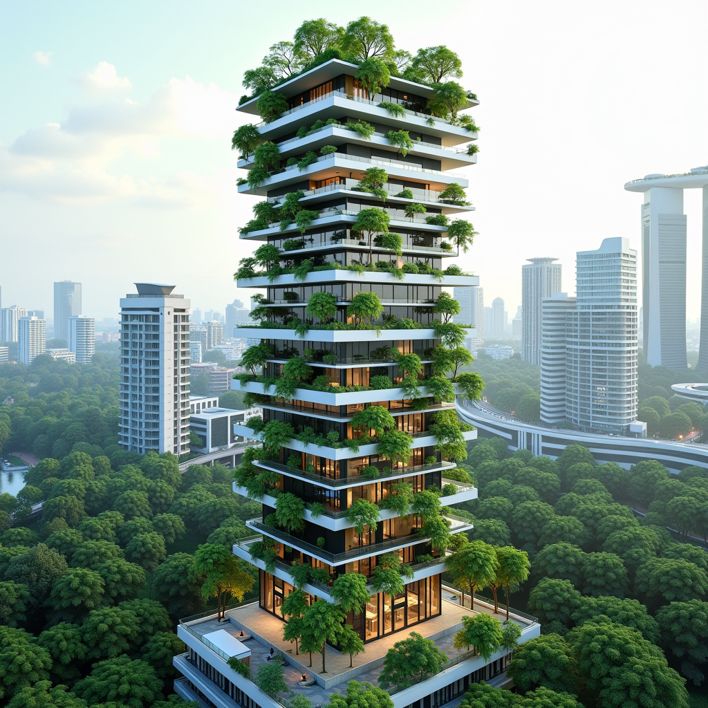 Modern sustainable skyscraper in Singapore with extensive rooftop gardens, vertical greenery, solar panels, and eco-friendly architectural features against the city skyline, representing green building innovation