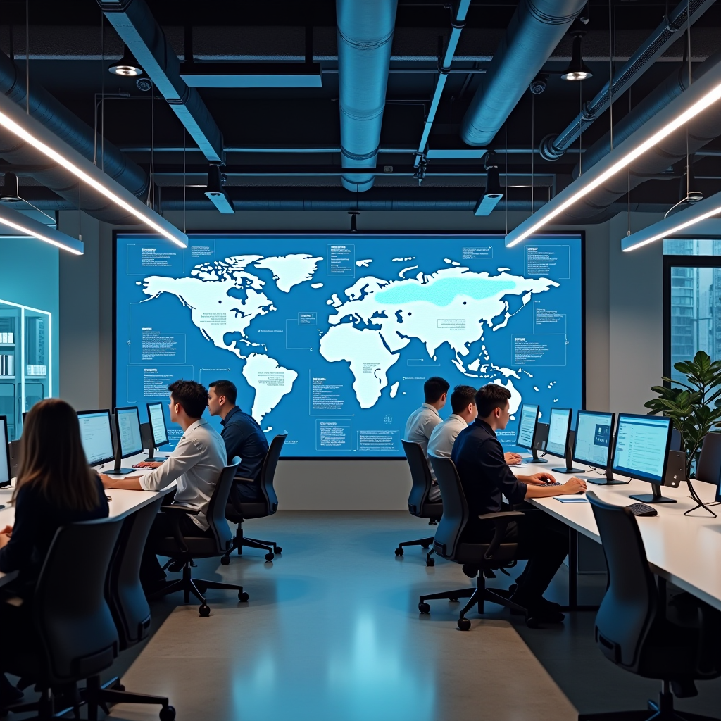 Modern technology startup office in Singapore with developers working on healthcare and education software solutions, featuring collaborative workspace and digital innovation displays