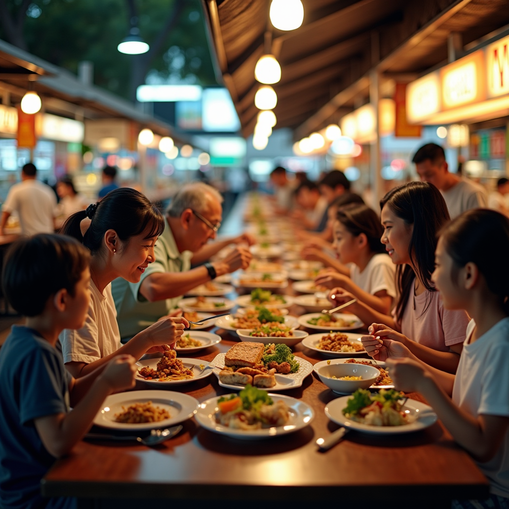 A multi-generational family dining together at a hawker center, with grandparents, parents, and children sharing a meal at a communal table, traditional food stalls in background