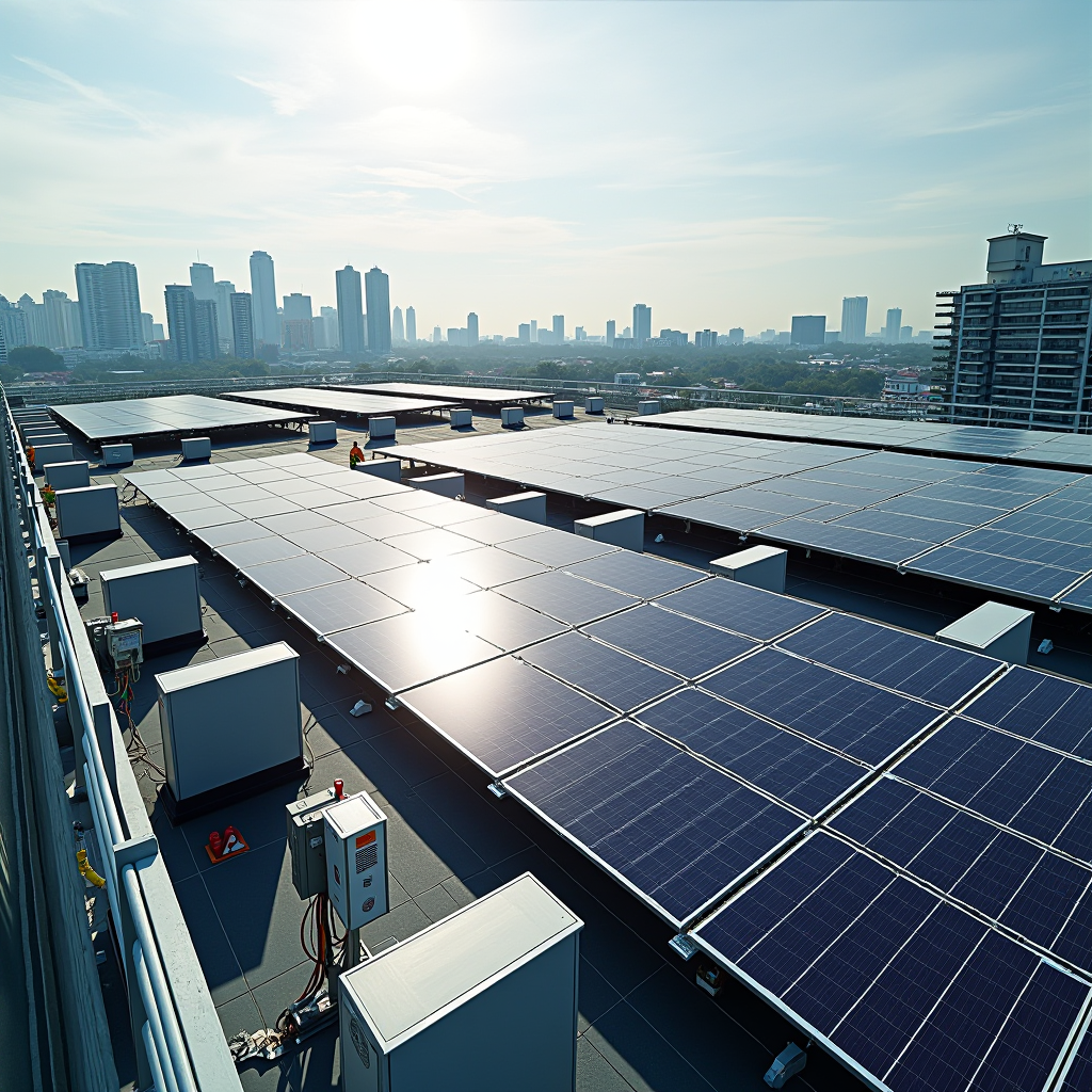 Wide-angle view of extensive solar panel installation on a Singapore building rooftop, showing rows of photovoltaic panels with maintenance walkways, monitoring equipment, and the urban landscape in the background