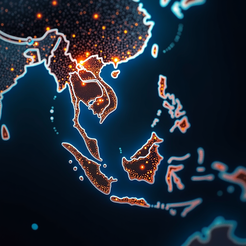 Map of Southeast Asia with digital network connections between Singapore and neighboring countries showing technology expansion