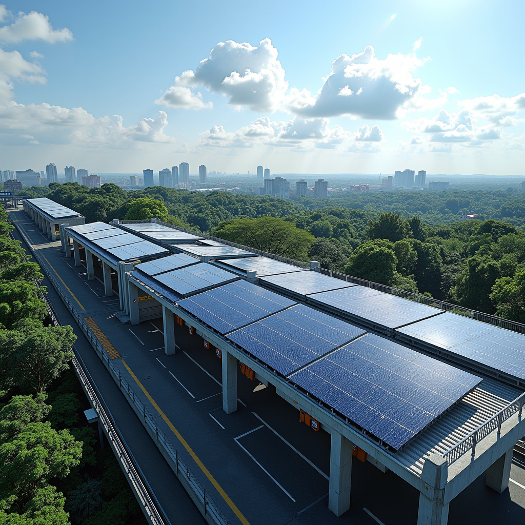Aerial view of an MRT station roof covered with solar panels arranged in neat rows, with the station's modern architecture visible below, surrounding greenery and urban landscape in the background, blue sky with scattered clouds, demonstrating sustainable energy integration in public transport infrastructure
