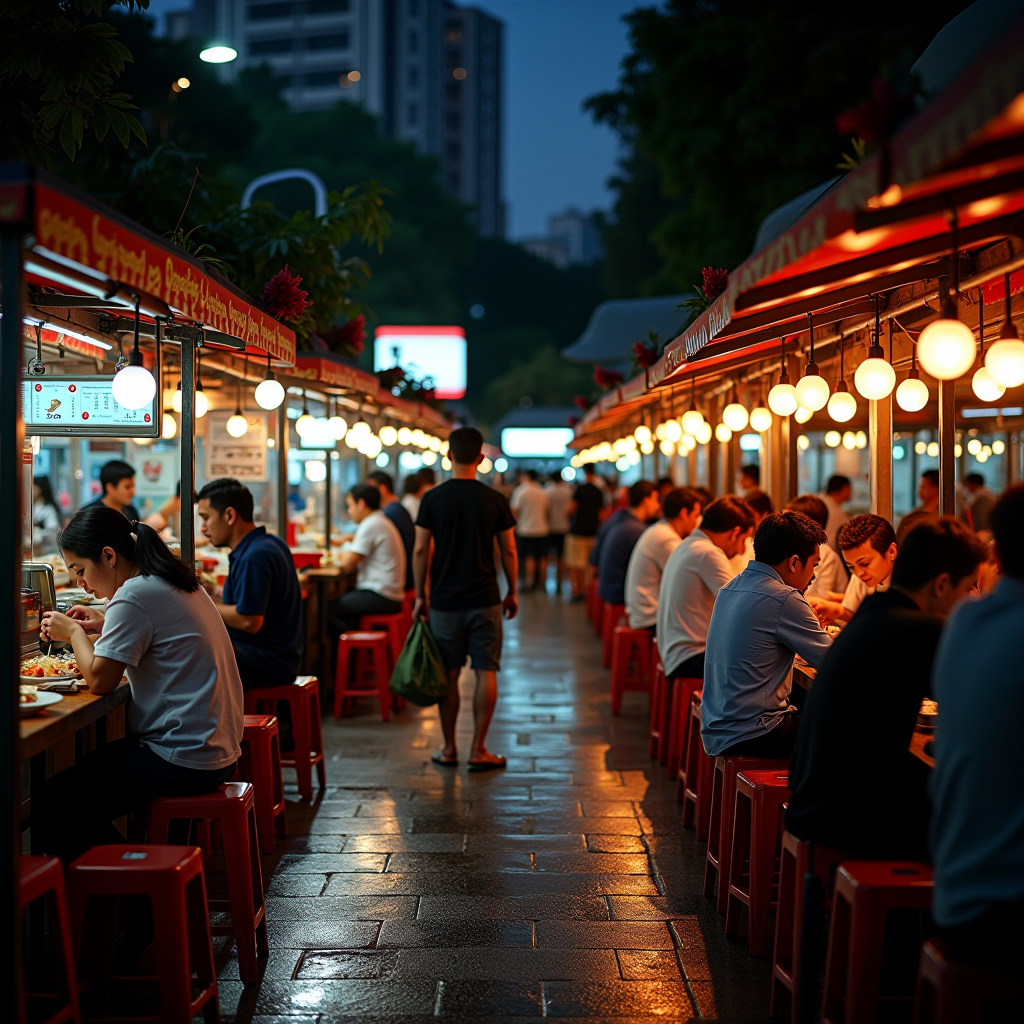 A modern Singapore hawker center at night, warmly lit with crowds of people dining, showing both traditional food preparation and subtle digital elements like payment terminals and menu displays